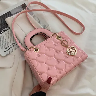 Women Fashion Solid Color Heart Diamond Square Handle Crossbody Mini Bag