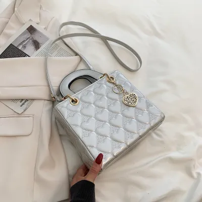 Women Fashion Solid Color Heart Diamond Square Handle Crossbody Mini Bag