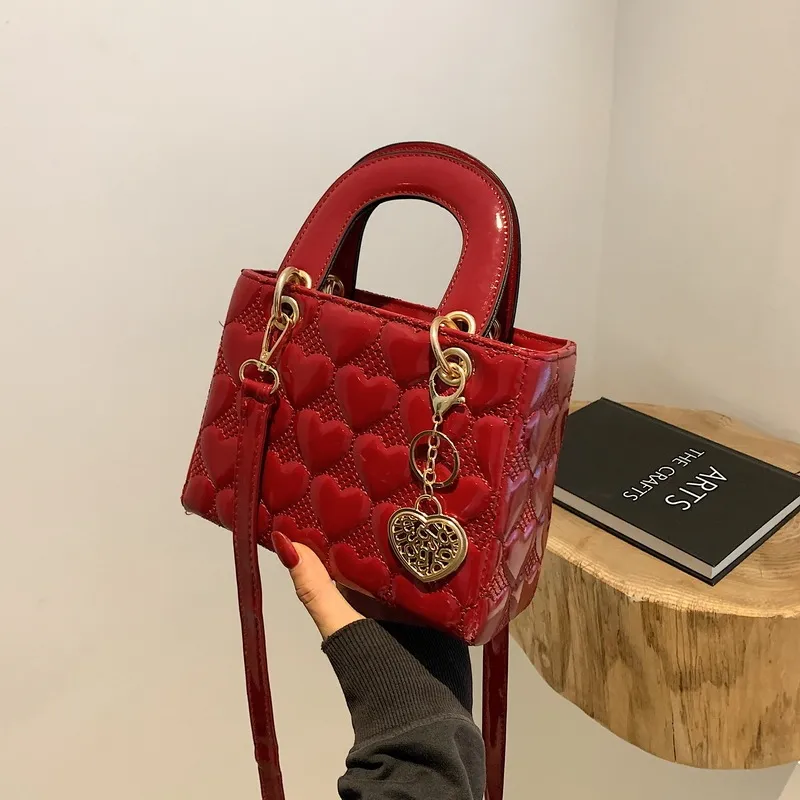 Women Fashion Solid Color Heart Diamond Square Handle Crossbody Mini Bag