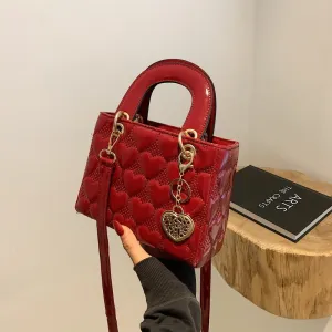 Women Fashion Solid Color Heart Diamond Square Handle Crossbody Mini Bag