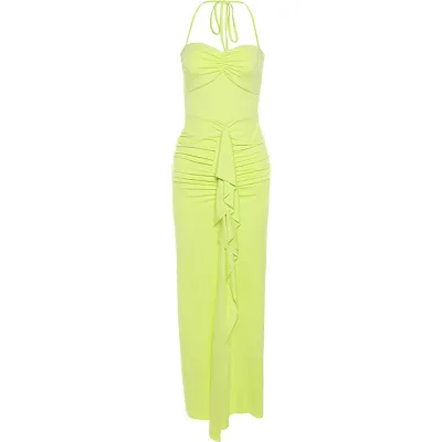 Women's Fashion Solid Color Boat Neck Slit Bodycon Maxi Dress