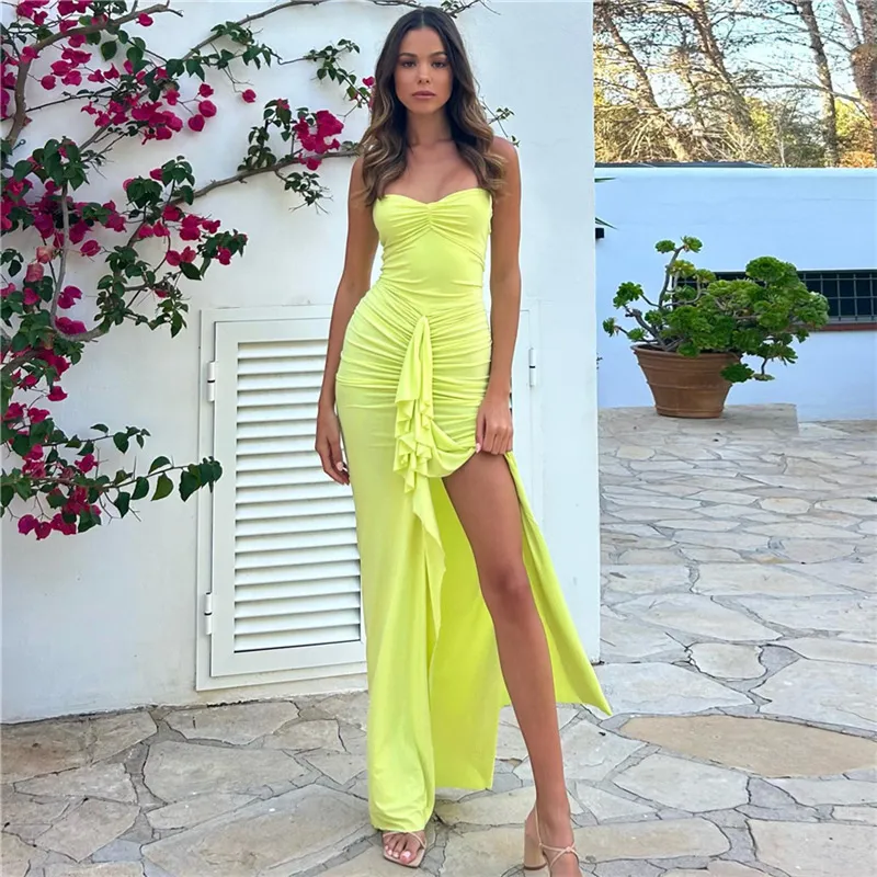 Women's Fashion Solid Color Boat Neck Slit Bodycon Maxi Dress