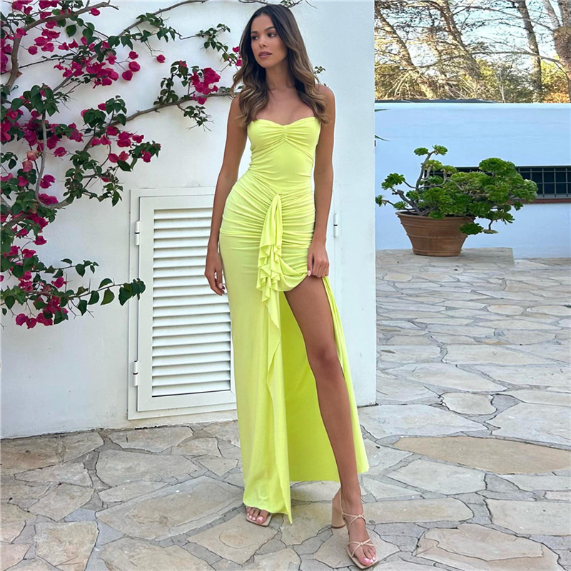 Wholesale Women'S Fashion Solid Color Neck Slit Bodycon Maxi Dress