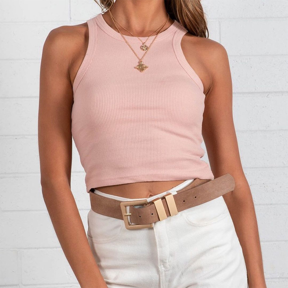 【COLOR iN ID】Buckle Crop Ribbed T-Shirt Wholesale Women Fashion Sexy Solid Color Stripe Tank Crop Top