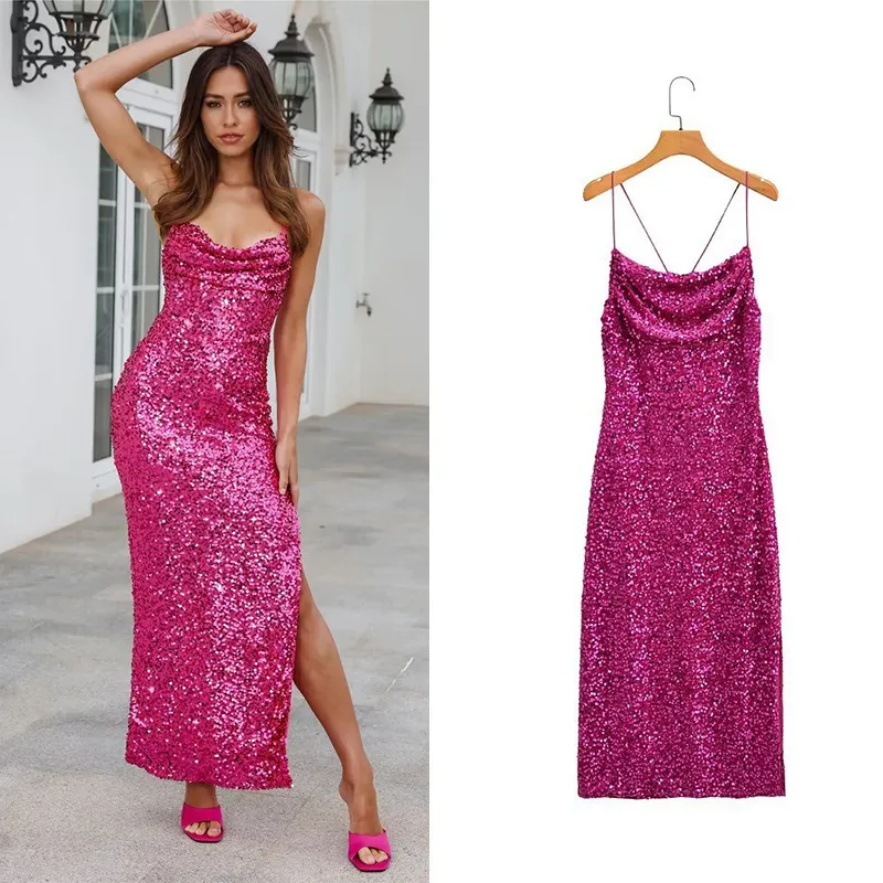 Women Sequin Strap Slim A-Line Long Dinner Dress