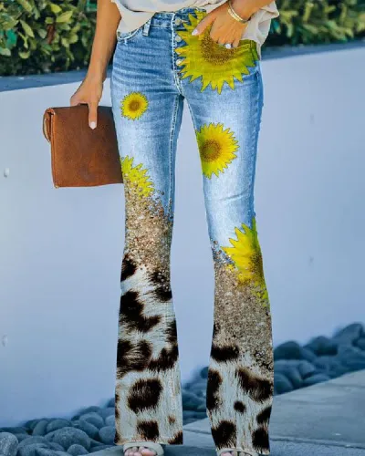 Women's Floral Sunflower Print Denim Wide Leg Pants - Commuter Style