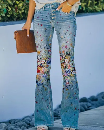 Women's Floral Sunflower Print Denim Wide Leg Pants - Commuter Style