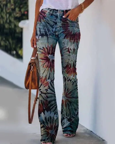 Women's Floral Sunflower Print Denim Wide Leg Pants - Commuter Style