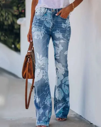 Women's Floral Sunflower Print Denim Wide Leg Pants - Commuter Style