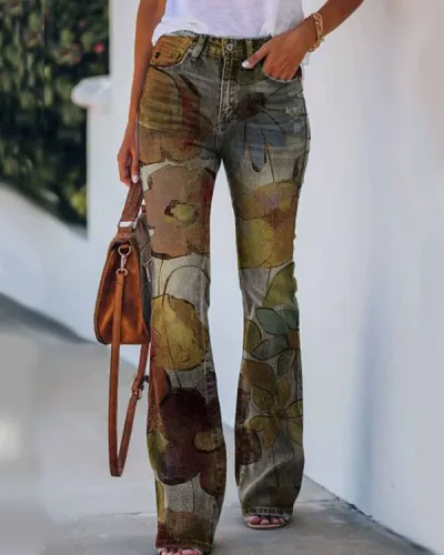Women's Floral Sunflower Print Denim Wide Leg Pants - Commuter Style