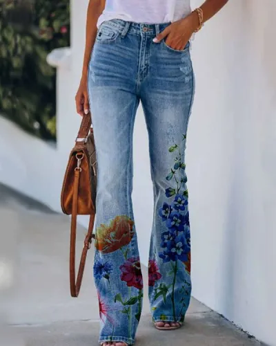 Women's Floral Sunflower Print Denim Wide Leg Pants - Commuter Style