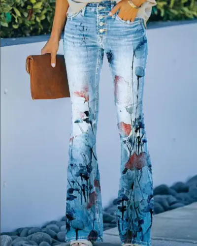 Women's Floral Sunflower Print Denim Wide Leg Pants - Commuter Style