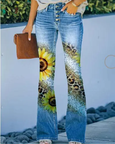 Women's Floral Sunflower Print Denim Wide Leg Pants - Commuter Style