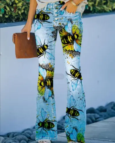 Women's Floral Sunflower Print Denim Wide Leg Pants - Commuter Style