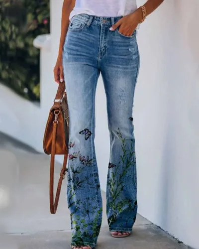 Women's Floral Sunflower Print Denim Wide Leg Pants - Commuter Style