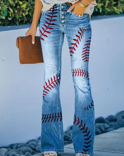 Women's Floral Sunflower Print Denim Wide Leg Pants - Commuter Style
