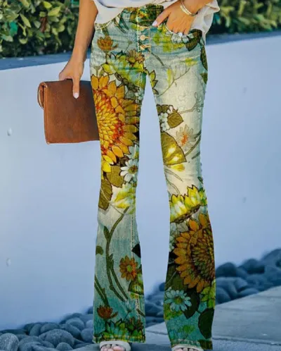 Women's Floral Sunflower Print Denim Wide Leg Pants - Commuter Style