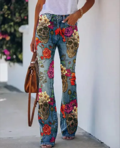 Women's Floral Sunflower Print Denim Wide Leg Pants - Commuter Style