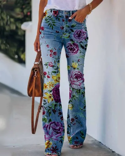 Women's Floral Sunflower Print Denim Wide Leg Pants - Commuter Style