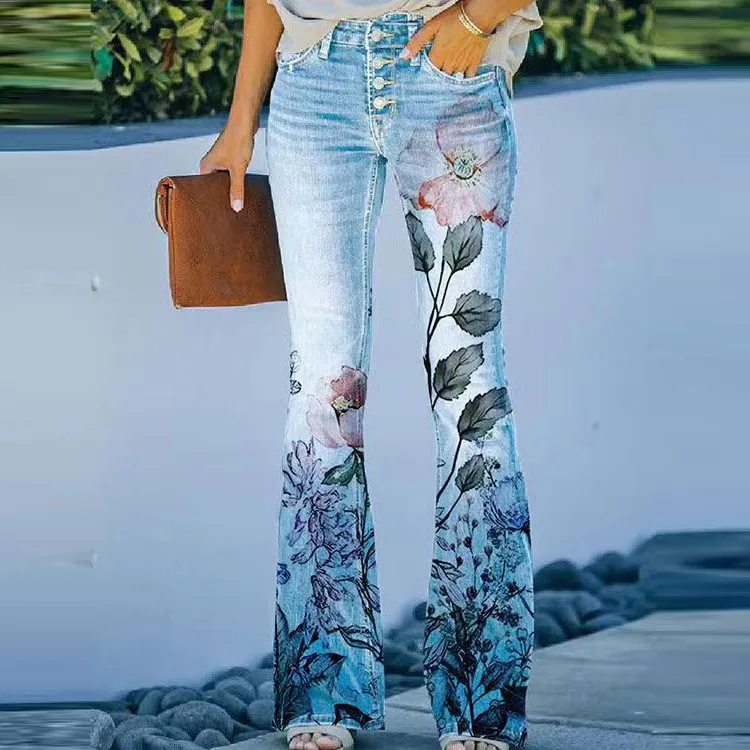 Women's Floral Sunflower Print Denim Wide Leg Pants - Commuter Style