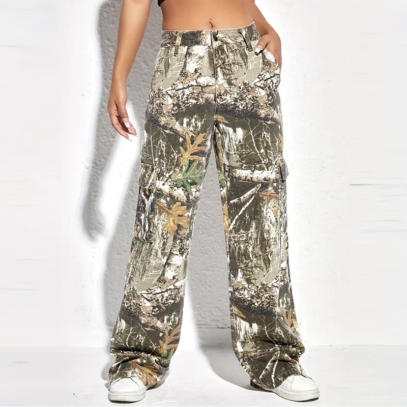 Women Fashion Camouflage Printed Loose Denim Cargo Pants