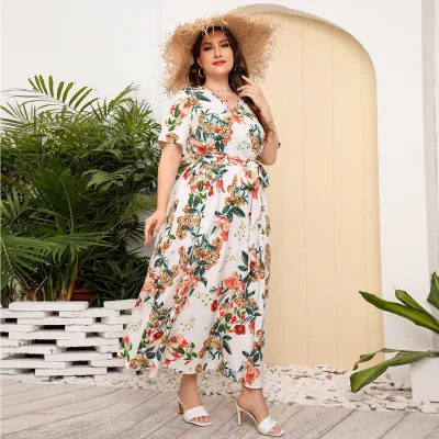 Women Floral Print Short Sleeve V-Neck Plus Size Dress