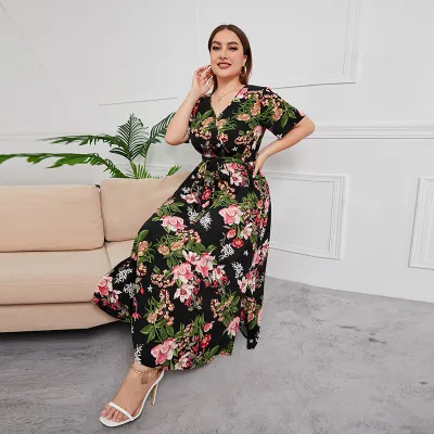 Women Floral Print Short Sleeve V-Neck Plus Size Dress