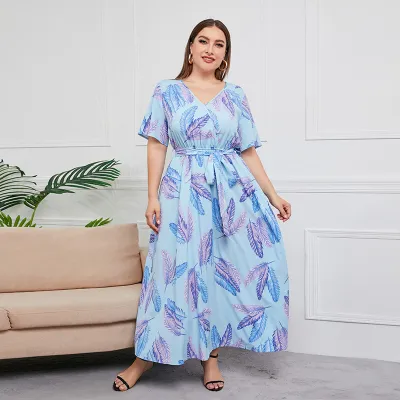 Women Floral Print Short Sleeve V-Neck Plus Size Dress