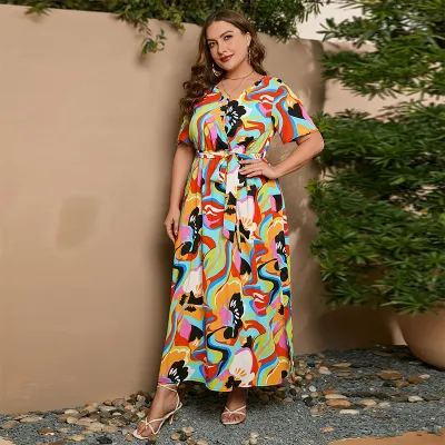 Women Floral Print Short Sleeve V-Neck Plus Size Dress