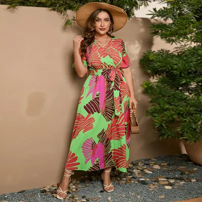 Women Floral Print Short Sleeve V-Neck Plus Size Dress