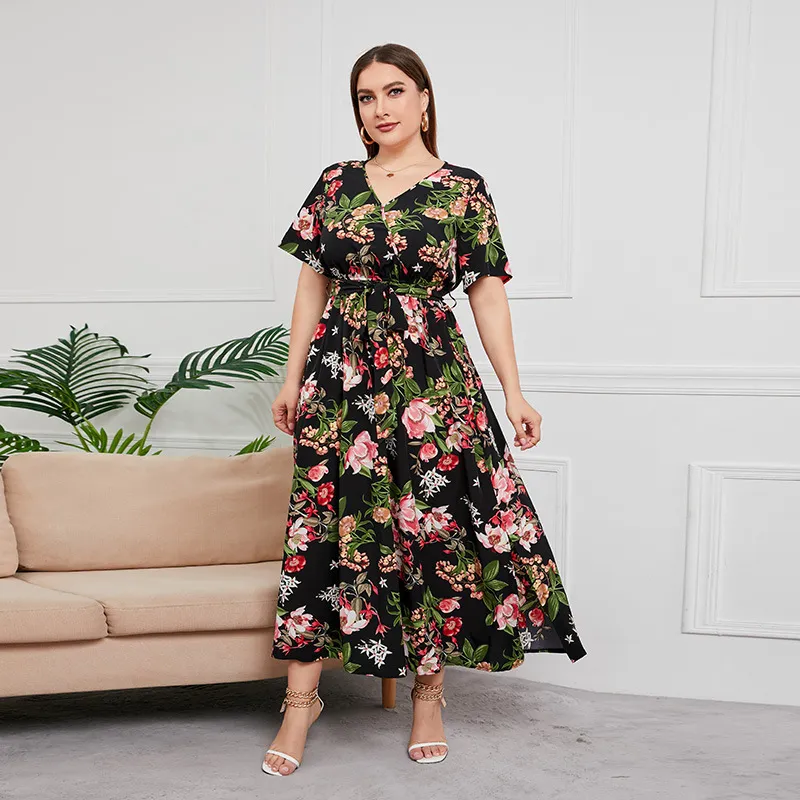 Women Floral Print Short Sleeve V-Neck Plus Size Dress