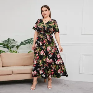 Women Floral Print Short Sleeve V-Neck Plus Size Dress