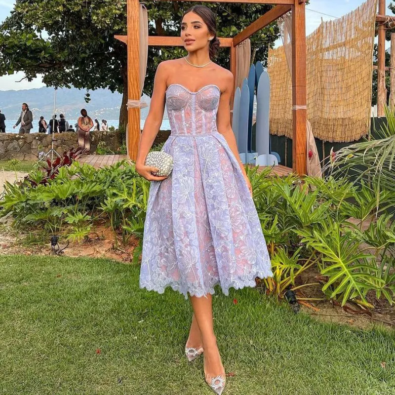 Summer Women Fashion Sexy Strapless Embroidered Lace Dinner Dress