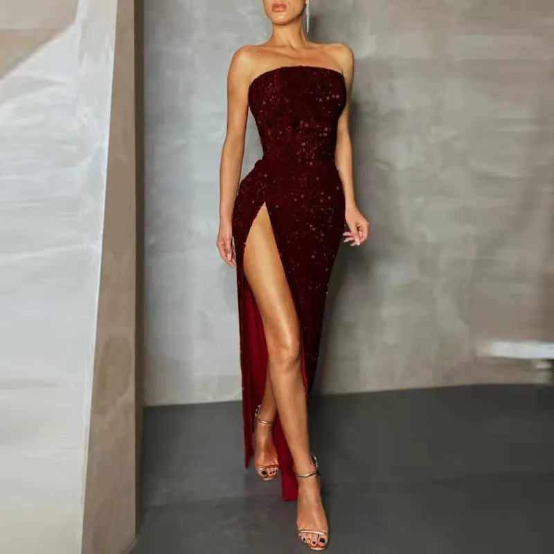Women Fashion Sexy Strapless Off Shoulder Sequin High Split Dinner Dress