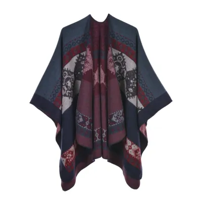 Women Retro Cape Shawl Imitation Cashmere Winter Totem Pattern