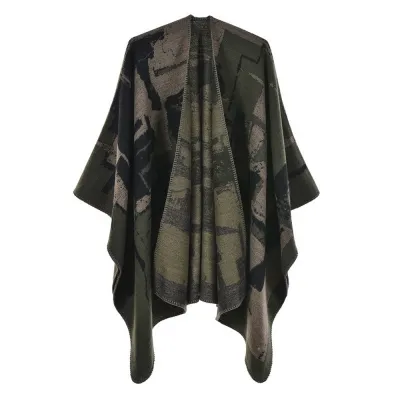 Women Retro Cape Shawl Imitation Cashmere Winter Totem Pattern