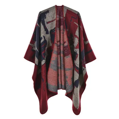 Women Retro Cape Shawl Imitation Cashmere Winter Totem Pattern