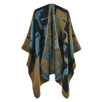 Women Retro Cape Shawl Imitation Cashmere Winter Totem Pattern