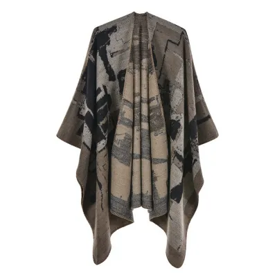 Women Retro Cape Shawl Imitation Cashmere Winter Totem Pattern