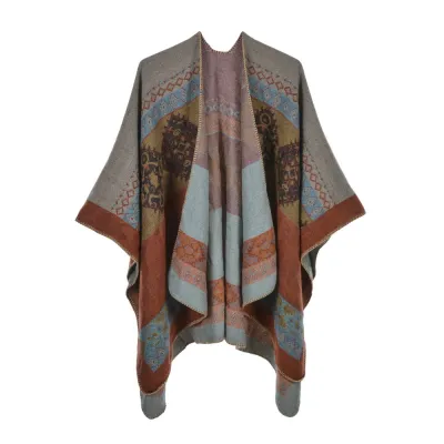 Women Retro Cape Shawl Imitation Cashmere Winter Totem Pattern