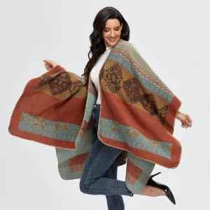 Women Retro Cape Shawl Imitation Cashmere Winter Totem Pattern