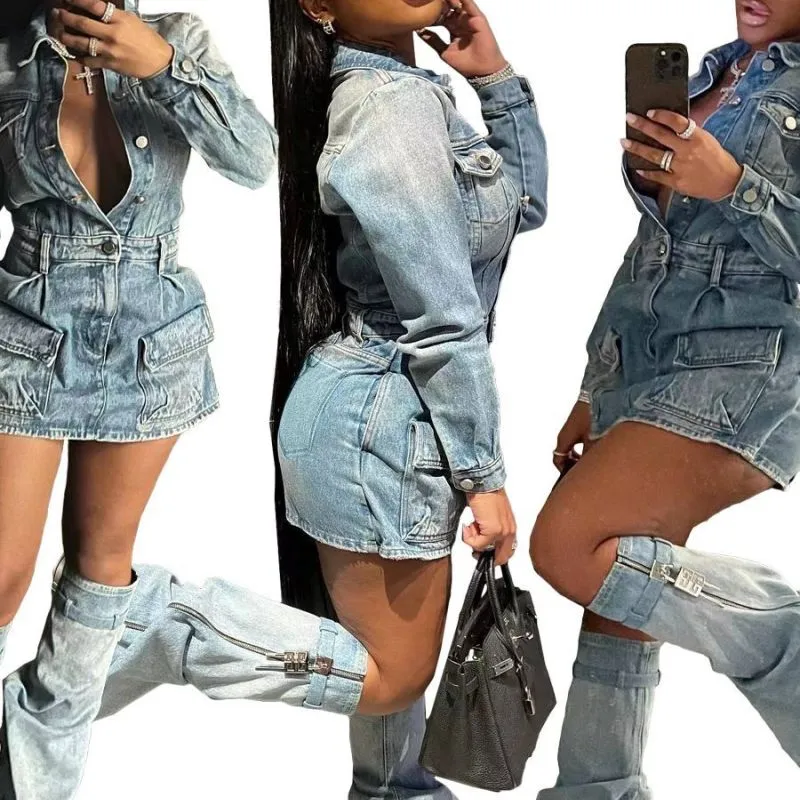 Women's Denim Midi Dress And Leggings Three-Piece Set - Commuter Wind Style With Multi-Pockets