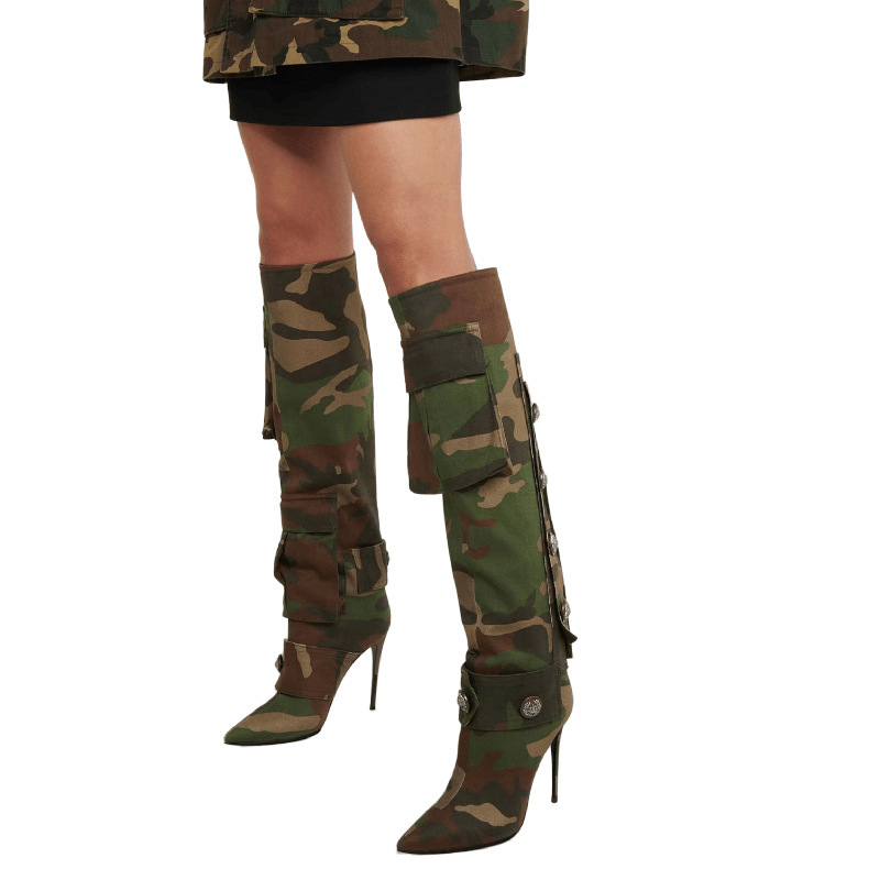 Wholesale Women Fashion Camouflage Thin Heel Over The Knee Boots Stiletto Heel Pointed Boots