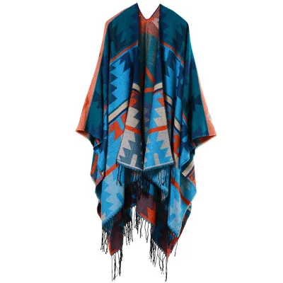 Women Fashion Cross Plum Blossom Tassel Thickened Cashmere Ethnic Style Split Shawl Scarf