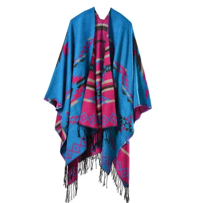 Women Fashion Cross Plum Blossom Tassel Thickened Cashmere Ethnic Style Split Shawl Scarf