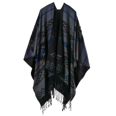 Women Fashion Cross Plum Blossom Tassel Thickened Cashmere Ethnic Style Split Shawl Scarf