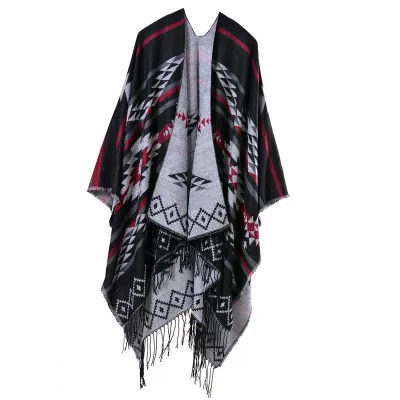 Women Fashion Cross Plum Blossom Tassel Thickened Cashmere Ethnic Style Split Shawl Scarf