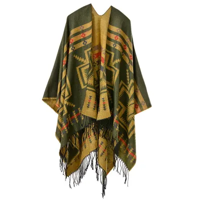 Women Fashion Cross Plum Blossom Tassel Thickened Cashmere Ethnic Style Split Shawl Scarf