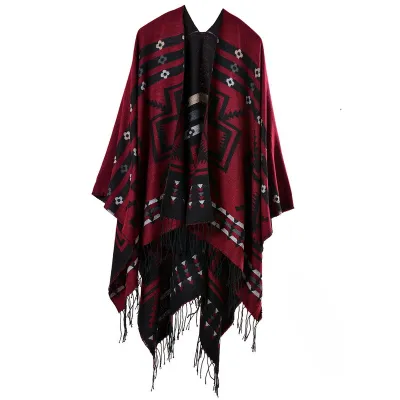 Women Fashion Cross Plum Blossom Tassel Thickened Cashmere Ethnic Style Split Shawl Scarf