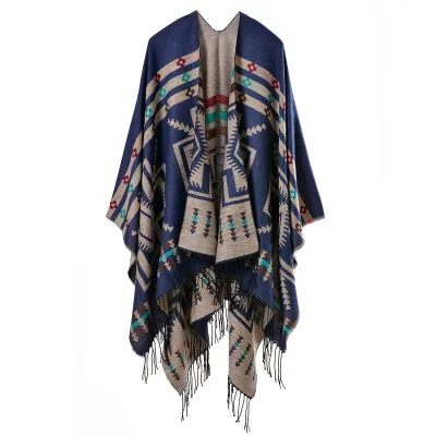 Women Fashion Cross Plum Blossom Tassel Thickened Cashmere Ethnic Style Split Shawl Scarf